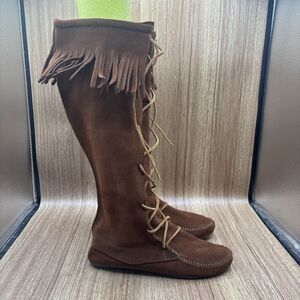 Minnetonka Front Lace Knee High moccasin Boots With Fringe Womens Size 9